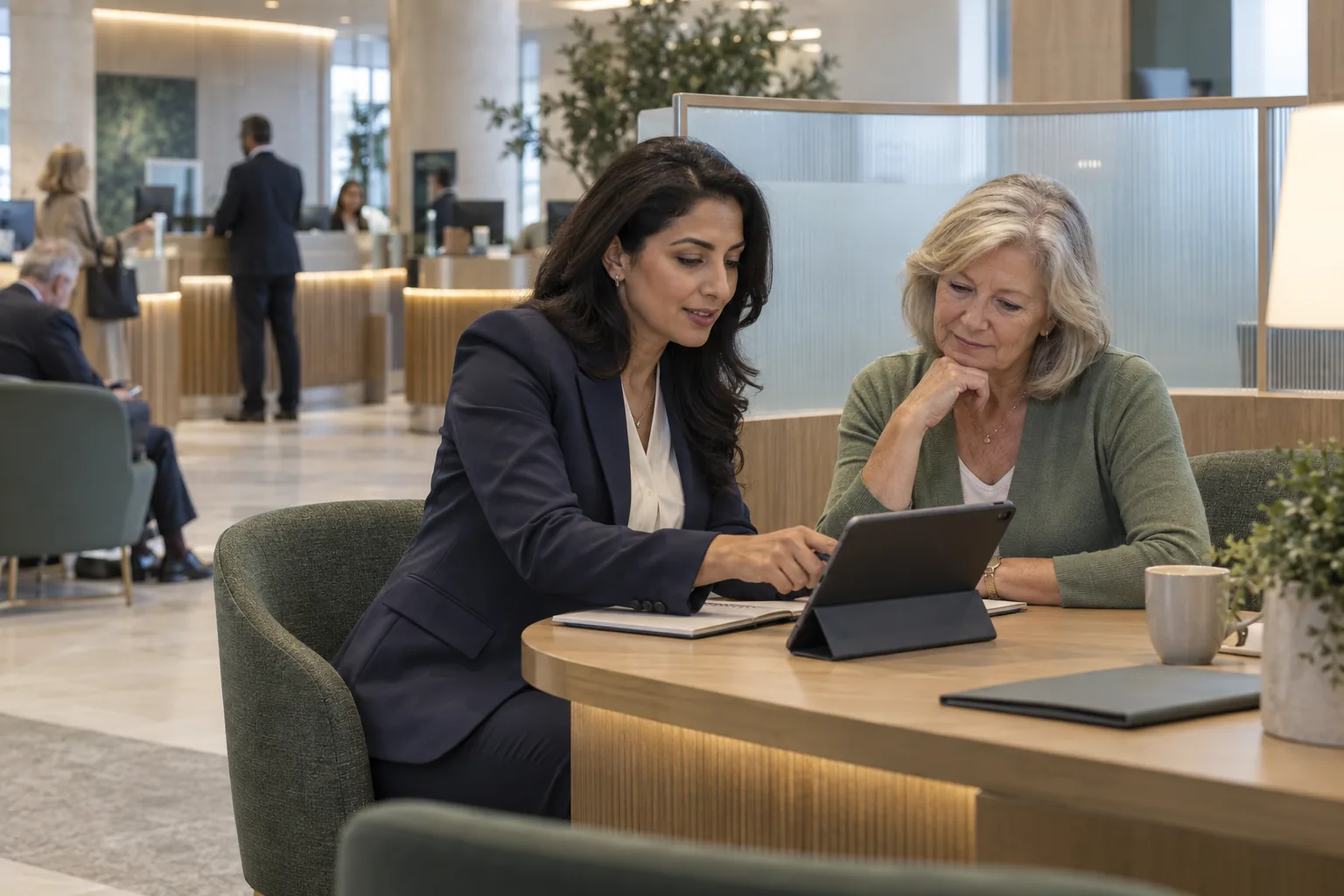Illustrative scene of a bank relationship manager guiding a customer through a tablet consultation.