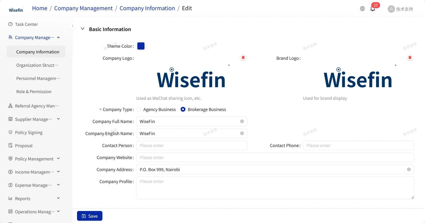 Organisation & access — actual WiseFin product screen with sample data